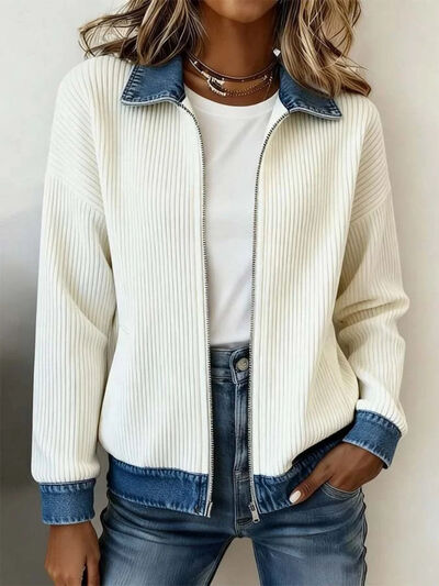 Contrast Denim Collar Ribbed Knit Jacket — boutique top from Luxe Loom